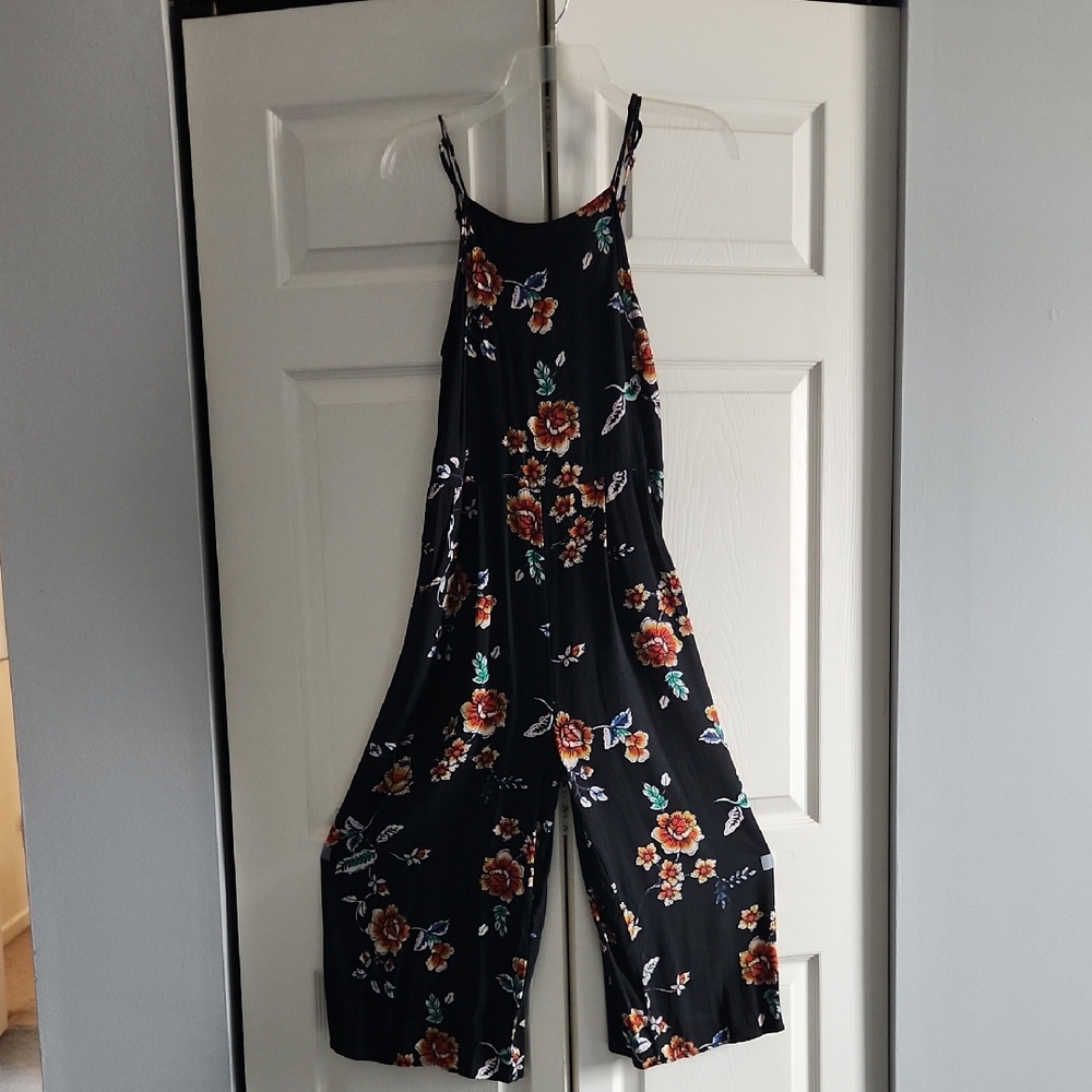 Xhilaration Black Floral Spaghetti-Strap Wide-Leg Midi Jumpsuit